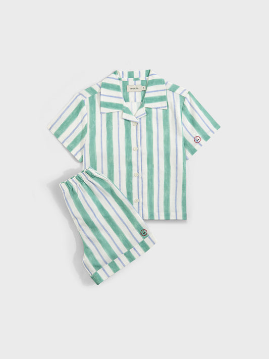 BLUE GREEN STRIPES LINEN BLEND CO-ORD SET
