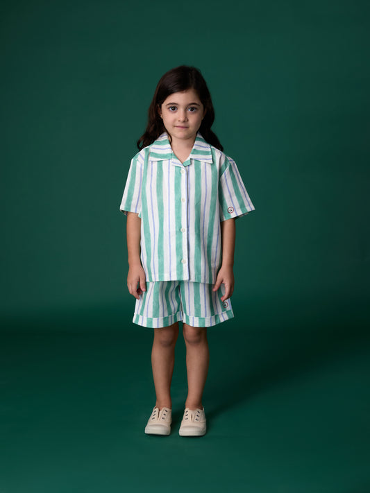 BLUE GREEN STRIPES LINEN BLEND CO-ORD SET